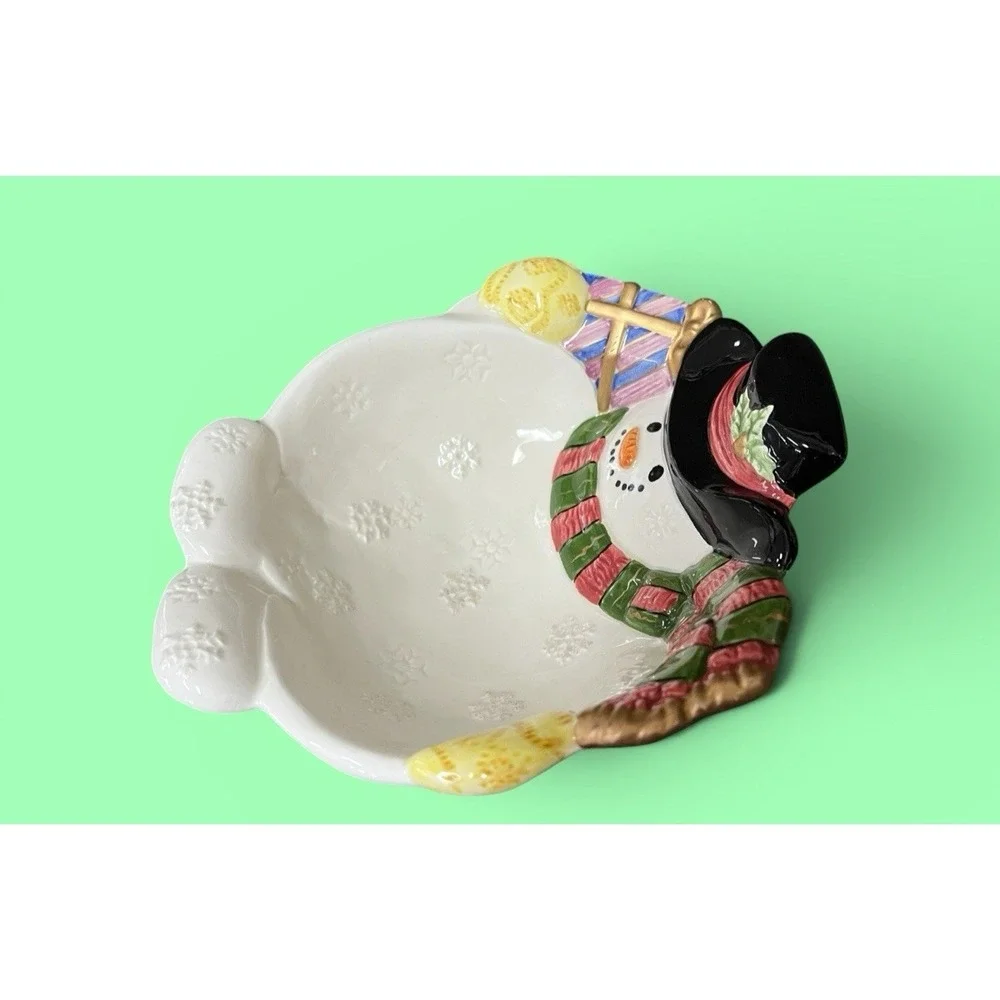 Fitz & Floyd Frosty Folks Snowman Candy Bowl Dish Winter Holiday Christmas Decor